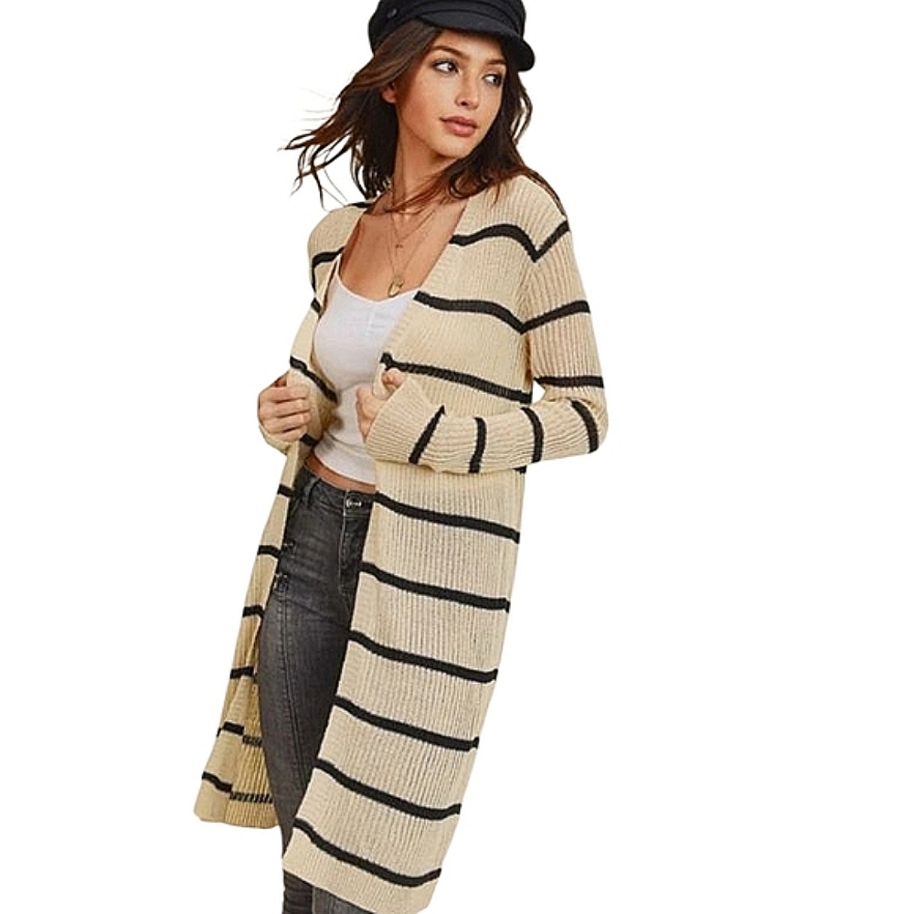 NWT Doe & Rae Ribbed Midi Cardigan Sweater Striped Cream & Black Open Front M